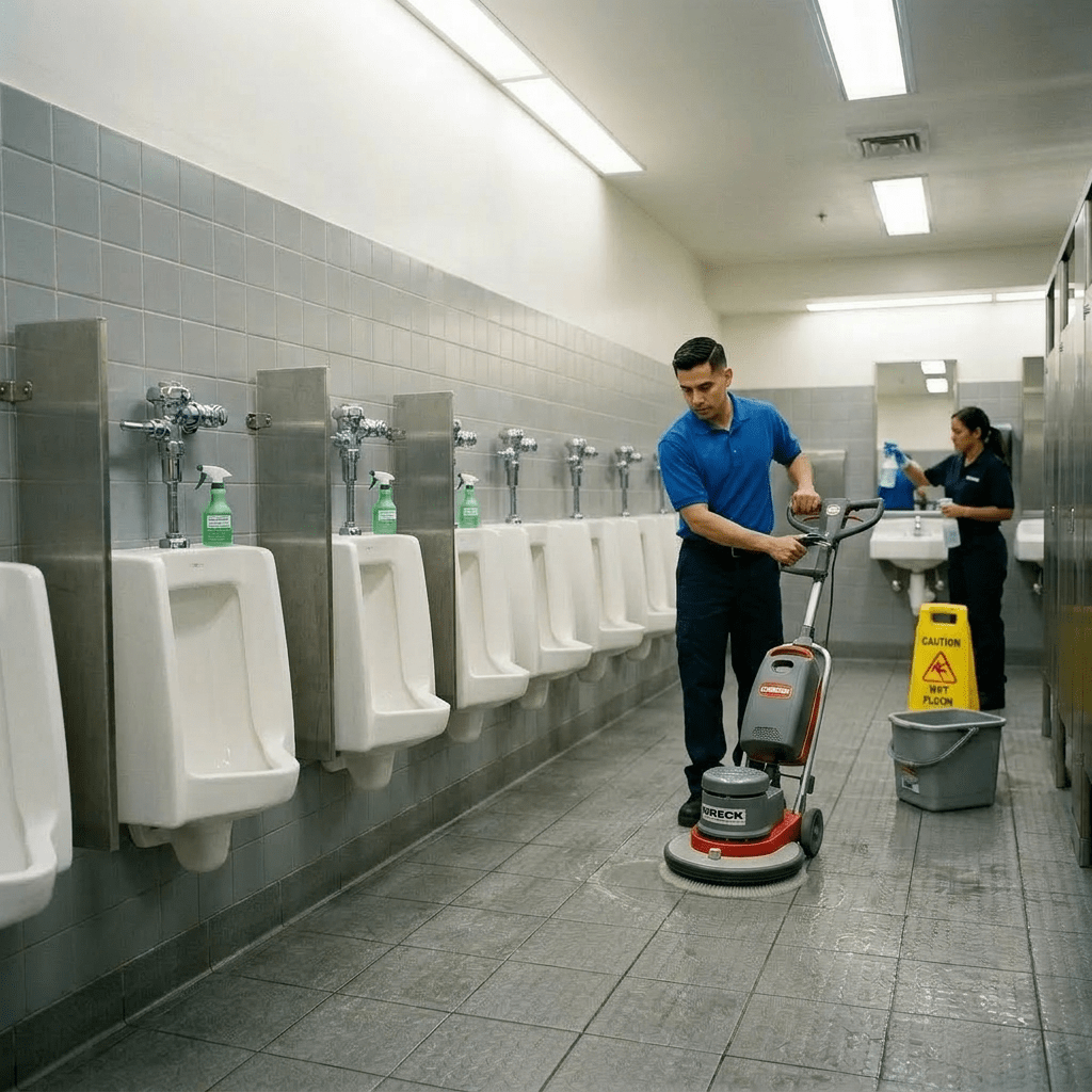 Three women in blue uniforms cleaning a men's restroom with urinals and mopping the floor